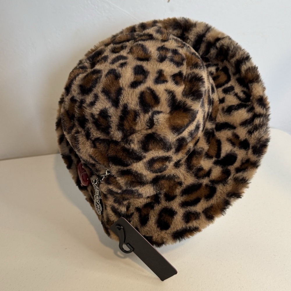 Ed Hardy Y2K Leopard Print Faux Fur Boho Bucket Hat With Charms - Picture 3 of 5